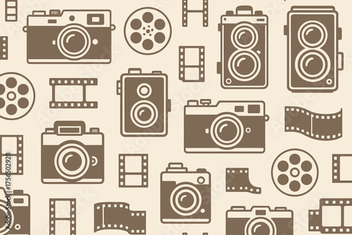 Cameras and film reels create a vintage-inspired background pattern for photography enthusiasts