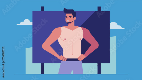 A billboard for a fashion brand features a slim and toned male model promoting the idea that only a certain type of body is desirable and perpetuating insecurities in men.. Vector illustration