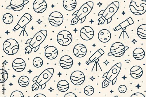 Creative pattern featuring rockets, telescopes, and planets in a fun, whimsical design for children or space enthusiasts