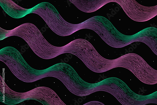 Colorful wavy lines create a dynamic pattern against a dark background with hints of stars