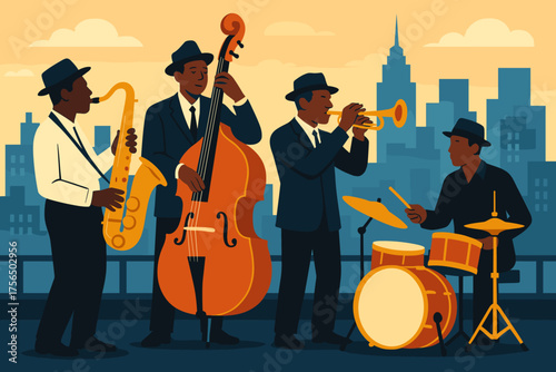 Jazz band performs on rooftop stage in city skyline during sunset with vibrant colors