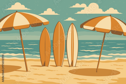 Surfboards and beach umbrellas create a classic summer scene by the ocean during a sunny day