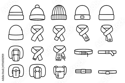 Different types of hats, scarves, and belts designed in a simple line drawing style for versatile fashion choices