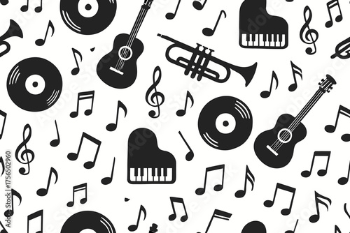 Music themed design featuring various musical instruments and notes on a white background