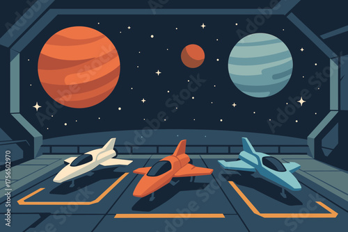 Three futuristic spacecrafts parked in a space hangar under bright planets in a night sky