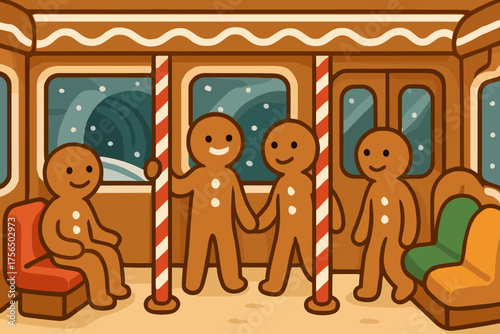 Gingerbread figures enjoy a festive ride in a decorated train during winter