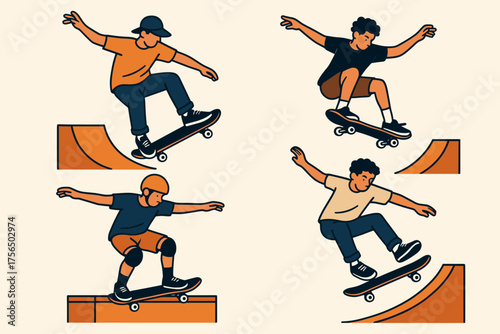 Skateboarders perform tricks at a skate park during a sunny afternoon