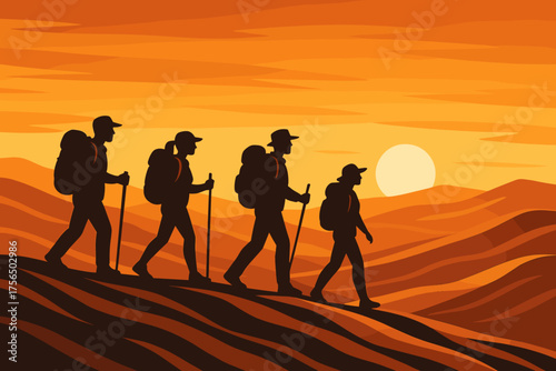 Group of hikers traversing desert landscape at sunset with beautiful orange and yellow sky