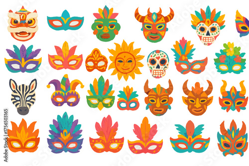 Colorful collection of decorative masks showcasing various designs and cultural themes at a festive event
