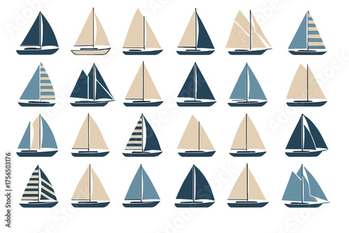 Collection of simple sailboat illustrations in various designs and colors on a light background