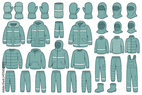 Collection of winter clothing items for outdoor activities and cold weather