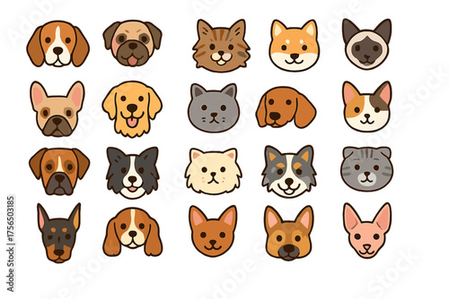 Collection of cute cartoon animal faces featuring various dog and cat breeds in a colorful grid layout