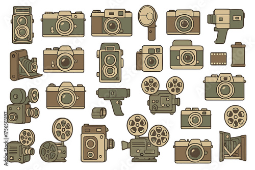 Collection of vintage cameras and film equipment showcasing photography history from various eras