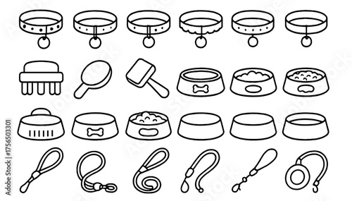 Various pet accessories including collars, bowls, and leashes on a clean white background