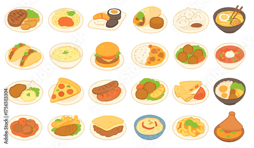 Explore a variety of delicious foods arranged in an appealing layout showcasing global cuisine and culinary delights
