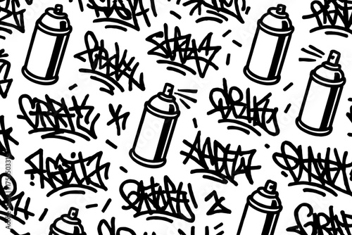 Creative street art pattern featuring spray paint cans and graffiti designs in black and white for urban style lovers