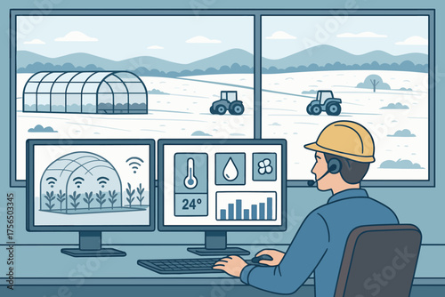 Farmer monitoring greenhouse conditions and field activity from control center