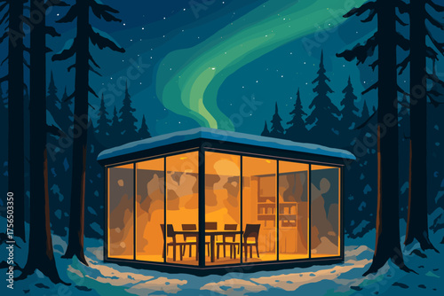 Cozy cabin surrounded by snow with warm light and northern lights in a starry night sky