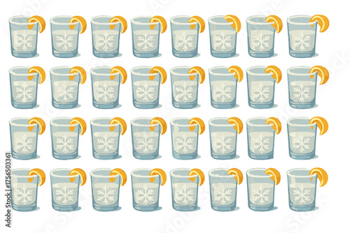 Refreshing cocktails lined up on a counter with slices of orange for garnish during a summer party