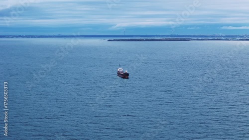 Aerial view of an oil tanker at sea during blue hour