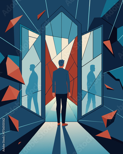 A room full of shattered mirrors each one representing a different aspect of the persons shattered confidence.. Vector illustration