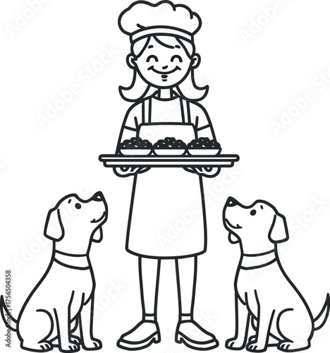 Adorable chef with delightful treats and eager dogs,  perfect for heart-warming designs,  baking promotions,  and playful projects that bring joy and smiles. Adobe Illustrator Artwork