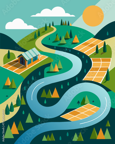 A meandering river was now lined with solar panels on its banks providing sustainable energy to the communities along its course while minimizing disturbance to the varied wildlife. Vector