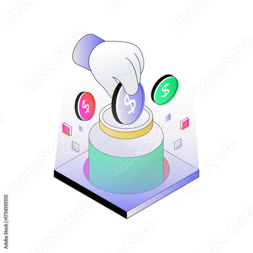 Dollar insider glass bottle, isometric design of money jar