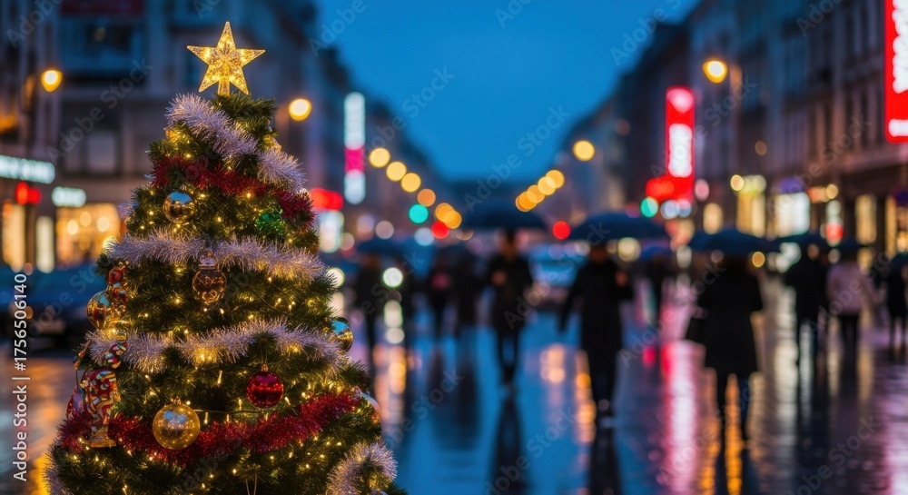 Fototapeta premium A decorated christmas tree with a star on top stands on a wet city street at dusk, with blurred pedestrians and car lights in the background