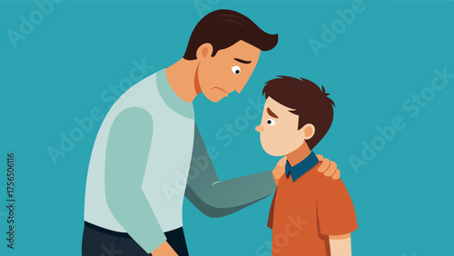 A conversation between a father and his teenage son as the father reassures his son that he is perfect just the way he is despite what media may portray.. Vector illustration