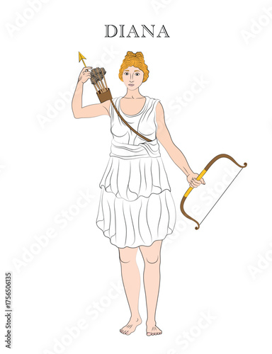 Photography Vector illustration of Diana, the goddess of the hunt, wild animals, fertility, and the Moon