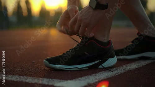 A person ties their shoelaces tightly on a running track as the sun sets in the background, creating a warm glow. This moment captures the anticipation of an evening jog during a calm day