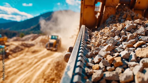 Industrial conveyor belt transporting crushed stone at an open pit mine during a sunny day. Heavy machinery, including a wheel loader, is operating in the dusty background of the quarry