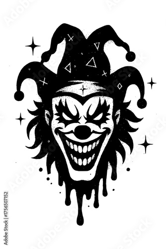 Sinister jester with a gruesome grin, perfect for Halloween horror and spooky themes, digitally crafted with vector origins