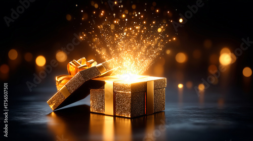 Sparkling golden gift box bursts open with radiant light and magical particles, creating a sense of wonder and surprise.