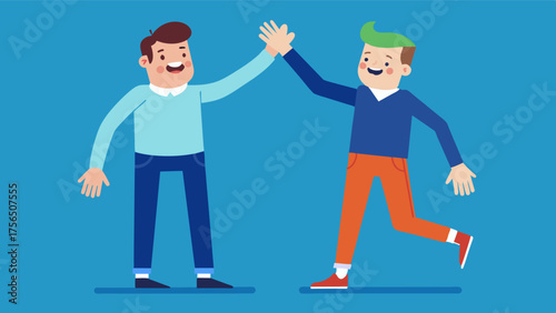A buddy giving a high five to his friend for finally fitting into his old favorite pair of jeans.. Vector illustration