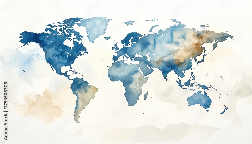 Obraz premium World map in watercolor blue and beige palette representing unity, global connection, travel inspiration, and exploration across continents and cultures