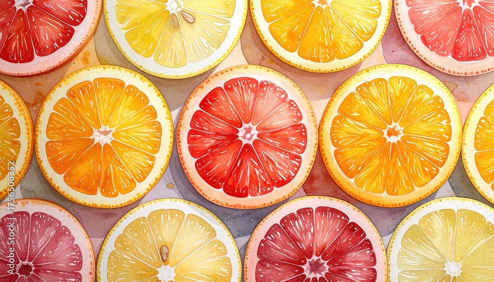 Fototapeta premium Slices of citrus fruits including orange lemon and grapefruit forming vibrant summer pattern symbolizing freshness vitamin energy and tropical vibes