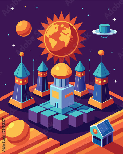 A space colony with massive solar arrays harnessing the energy of the sun in a new frontier.. Vector illustration