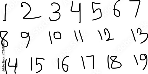 Handwritten numbers collection from one to nineteen for educational use isolated on white background