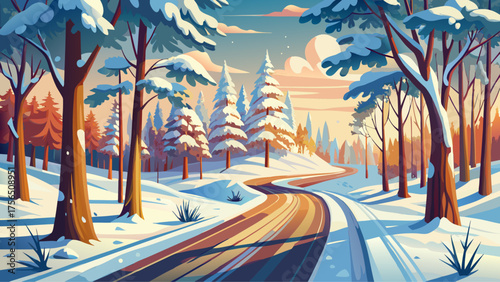 Very beautiful snowy dirt road in Tuscaloosa, Alabama, USA, featuring a rare Southern snow-covered landscape, winding through trees, evoking the peaceful concept of winter travel and scenic snowy driv