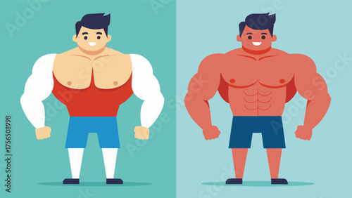 A before and after comparison of a mans body drastic muscle gains apparent but his once chiseled face now bloated and distorted from the effects of excessive steroid use.. Vector illustration