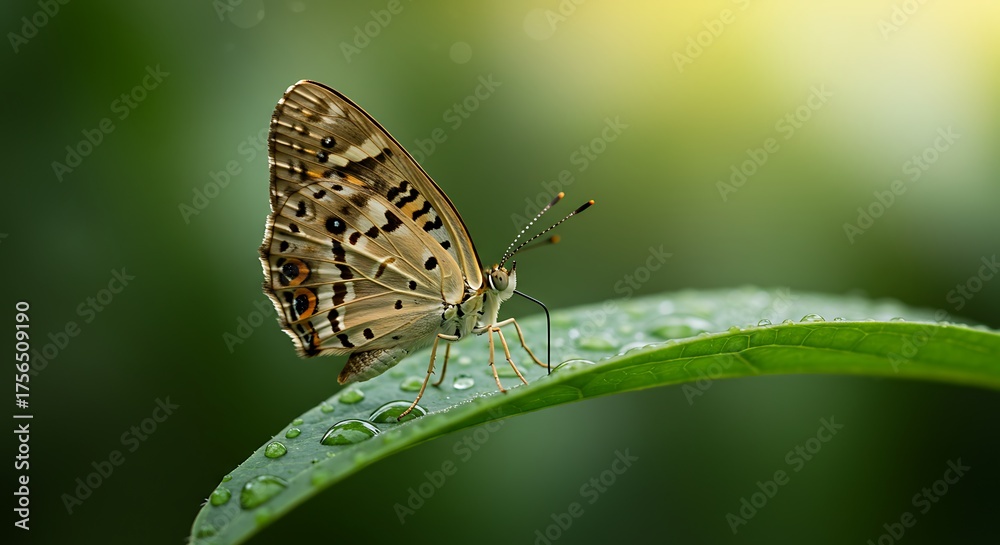 Fototapeta premium Beautiful butterfly resting on a vibrant green leaf, captured in a serene moment of nature