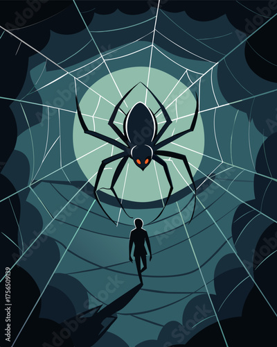 A spiders web with the person ped in the center and the manipulator lurking in the shadows waiting to strike.. Vector illustration