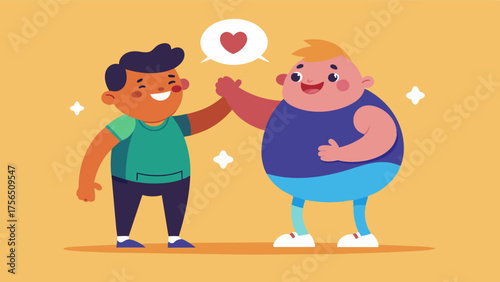 A close friend compliments and encourages her struggling friend reminding him that his worth goes beyond his weight.. Vector illustration