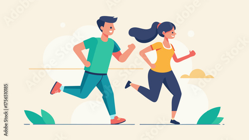 A couple going for a jog together encouraging and motivating each other to stay active and maintain their health.. Vector illustration
