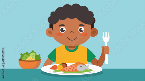 A child eagerly eating a plate of ovenbaked fish steamed vegetables and brown rice learning healthy eating habits from a young age.. Vector illustration