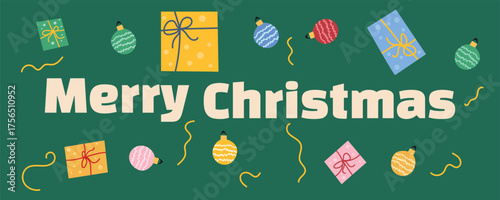 Festive Christmas banner with gift boxes, shiny baubles, confetti, and decorative elements on a green background. Perfect for holiday greeting cards, web banners, and seasonal promotions