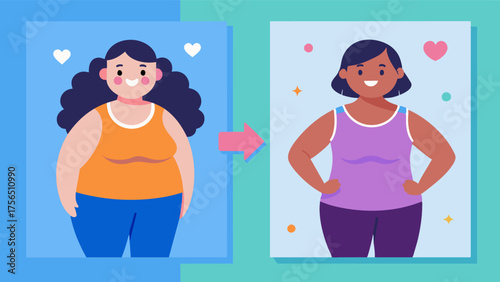 A before and after photo wall showcasing how body positivity can impact ones physical appearance.. Vector illustration