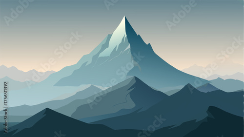 A jagged mountain peak rising above the hazy horizon its summit ly visible through the thick haze.